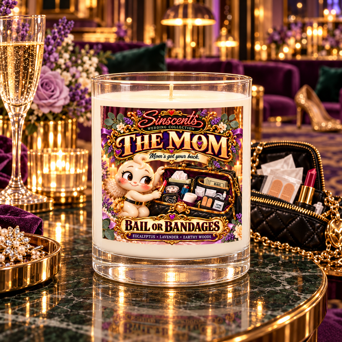 The Mom Bail or Bandages candle in a glamorous hotel lounge