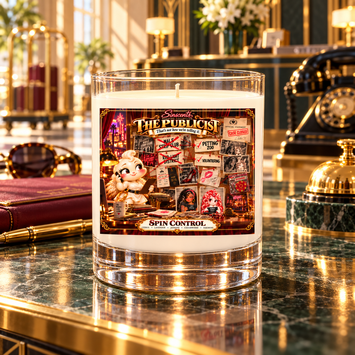 The Publicist Spin Control candle at an elegant hotel concierge desk
