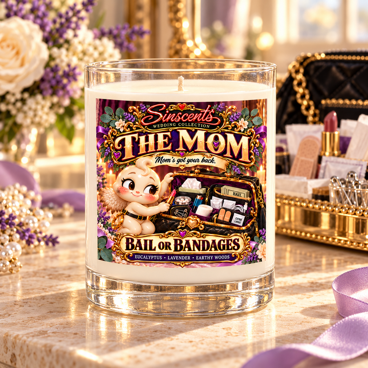 The Mom wedding candle beside a bridal emergency rescue kit
