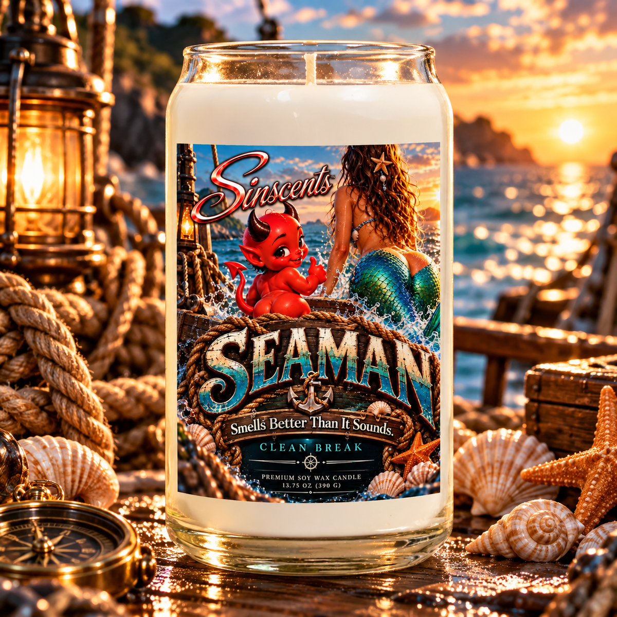 Sinscents Seaman candle with Jynx and mermaid label beside a lantern at the water’s edge