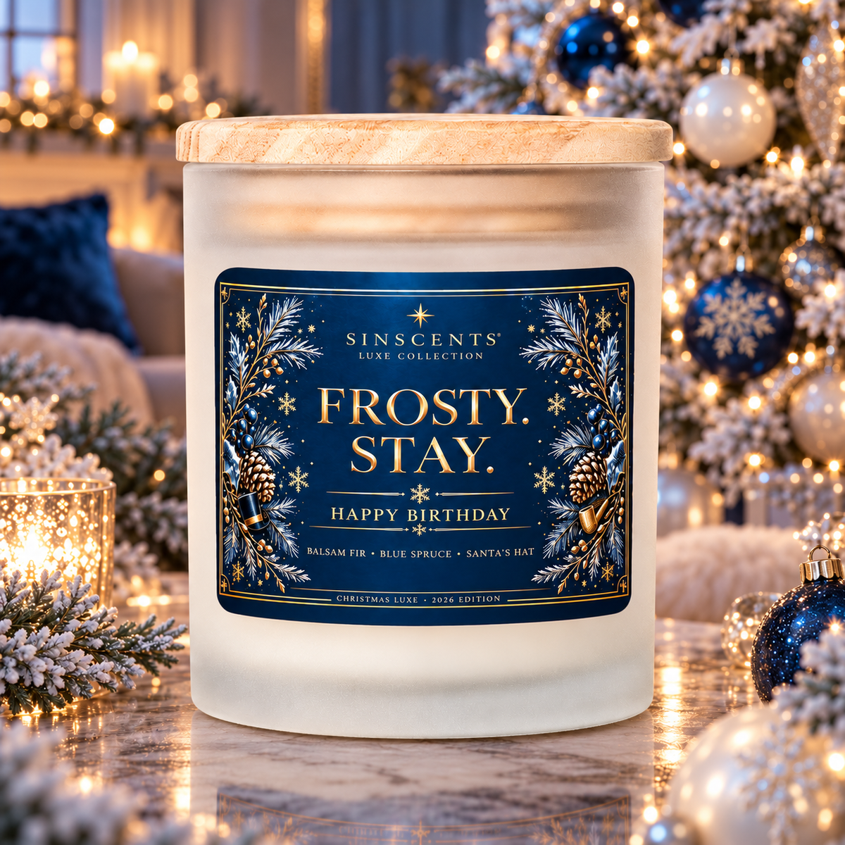 Sinscents Frosty. Stay. candle with a wooden lid and navy-and-gold label beside a decorated Christmas tree.