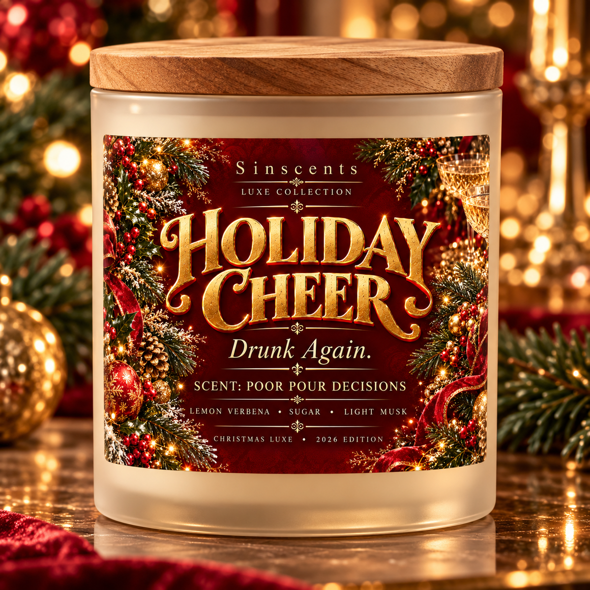 Sinscents Holiday Cheer candle with a wooden lid and red-and-gold label among Christmas decorations.