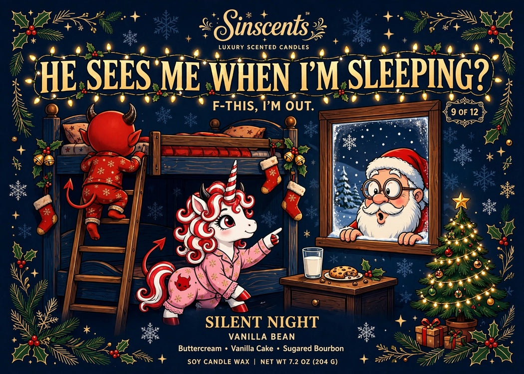 Silent Night vanilla bean Christmas candle label artwork with Jynx, Blanca, and Santa