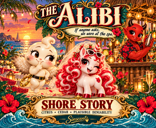 The Alibi Shore Story flat candle label with Lily and Mercy