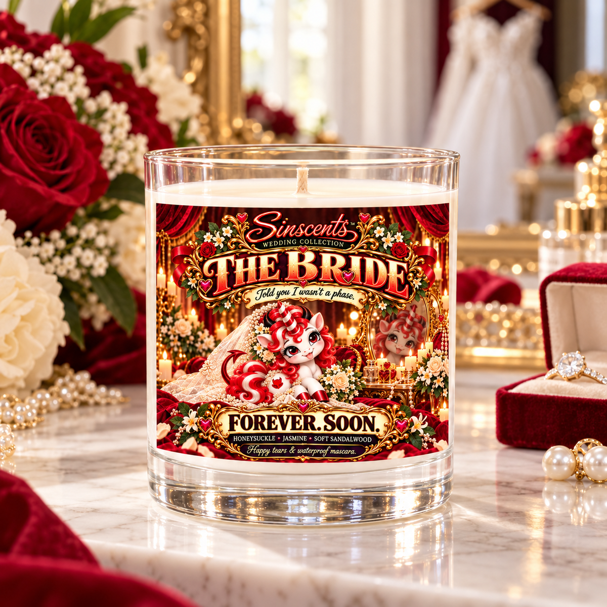 The Bride candle with Forever. Soon. label on a bridal suite vanity