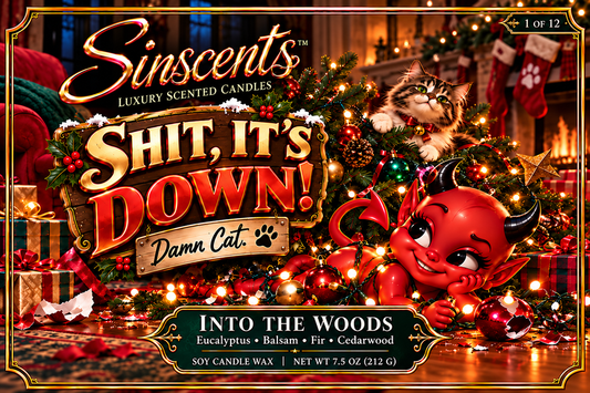 A Sinscent's 'Into the Woods' colorful Christmas-themed candle label.
