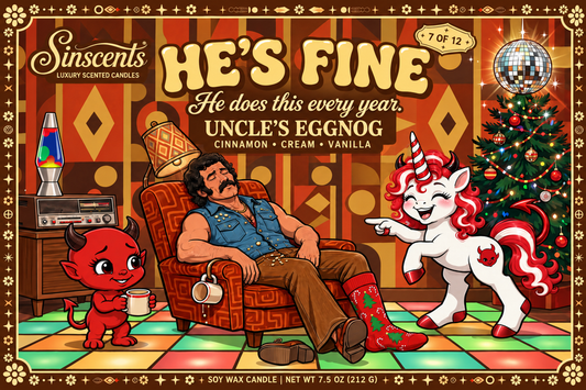 He’s Fine — Uncle’s Eggnog Christmas Candle by Sinscents label artwork