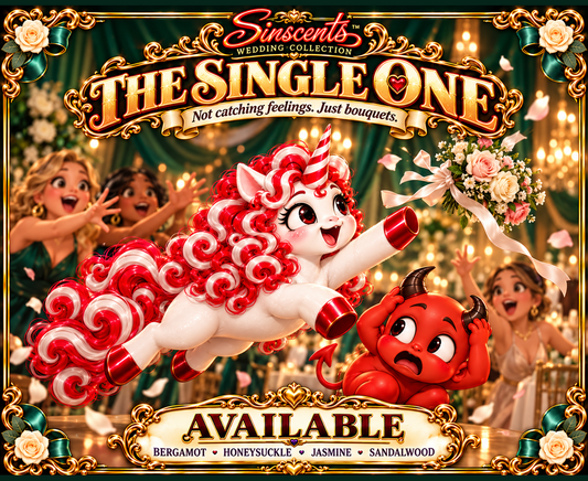 The Single One Available candle label with Blanca catching the bridal bouquet