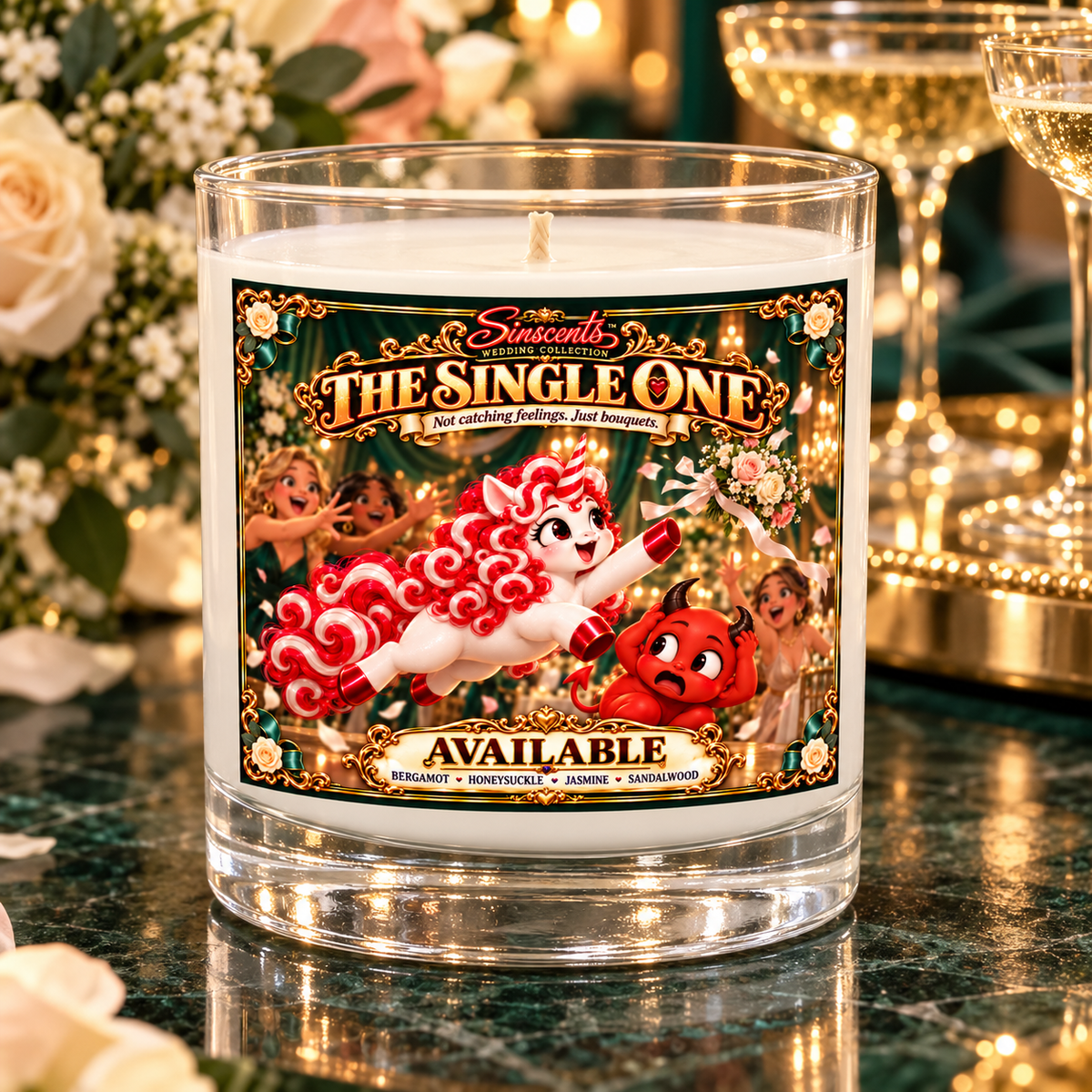 The Single One Available candle beside champagne at a wedding reception
