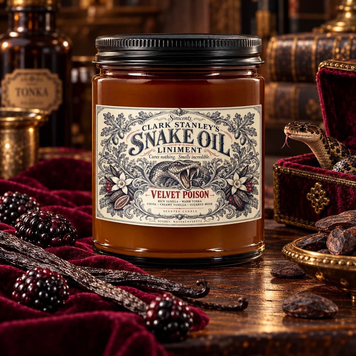 Sinscents Clark Stanley snake oil candle, Version 2 Velvet Poison, vanilla apothecary candle in a 9 oz amber jar