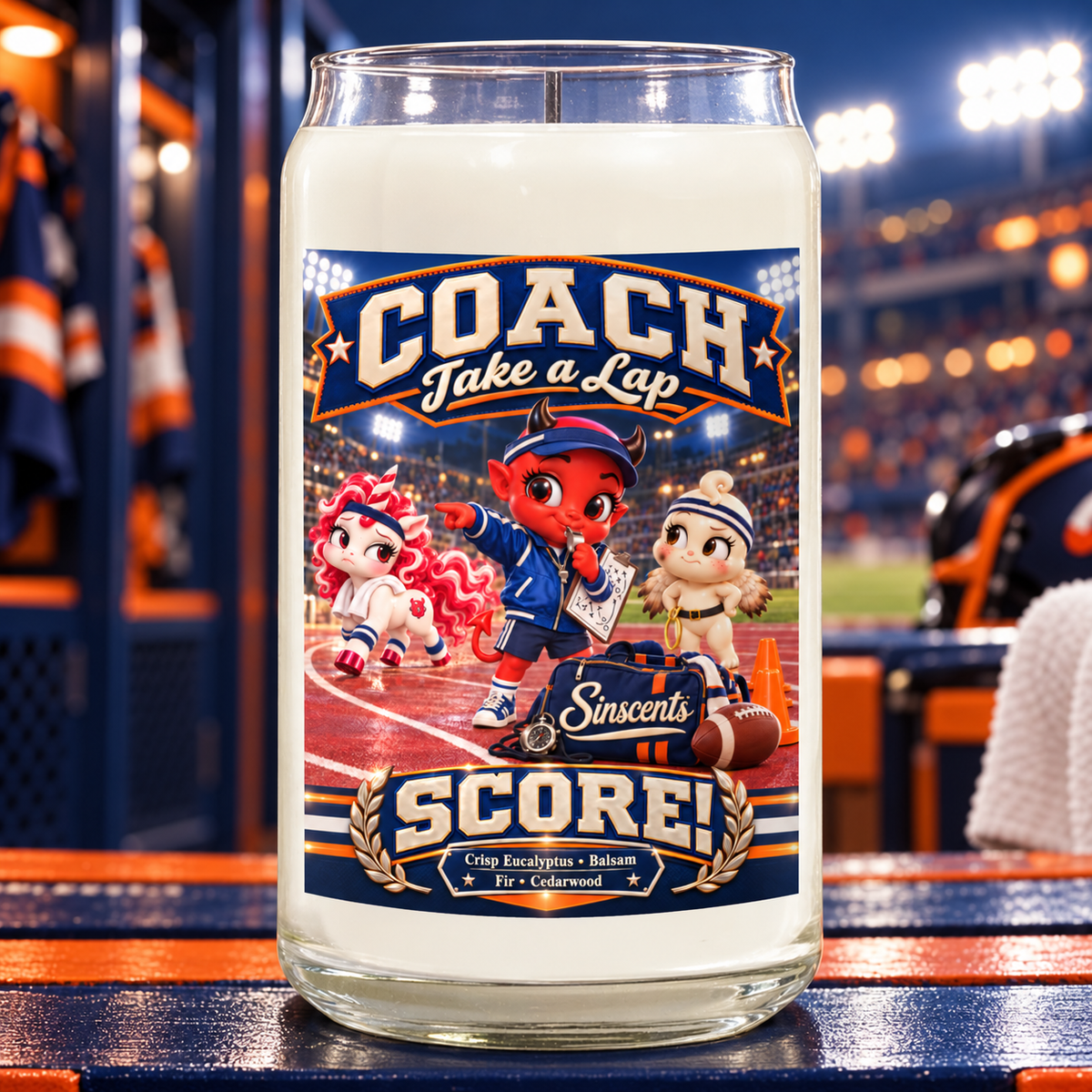 Coach candle by Sinscents with original illustrated label in a matching setting