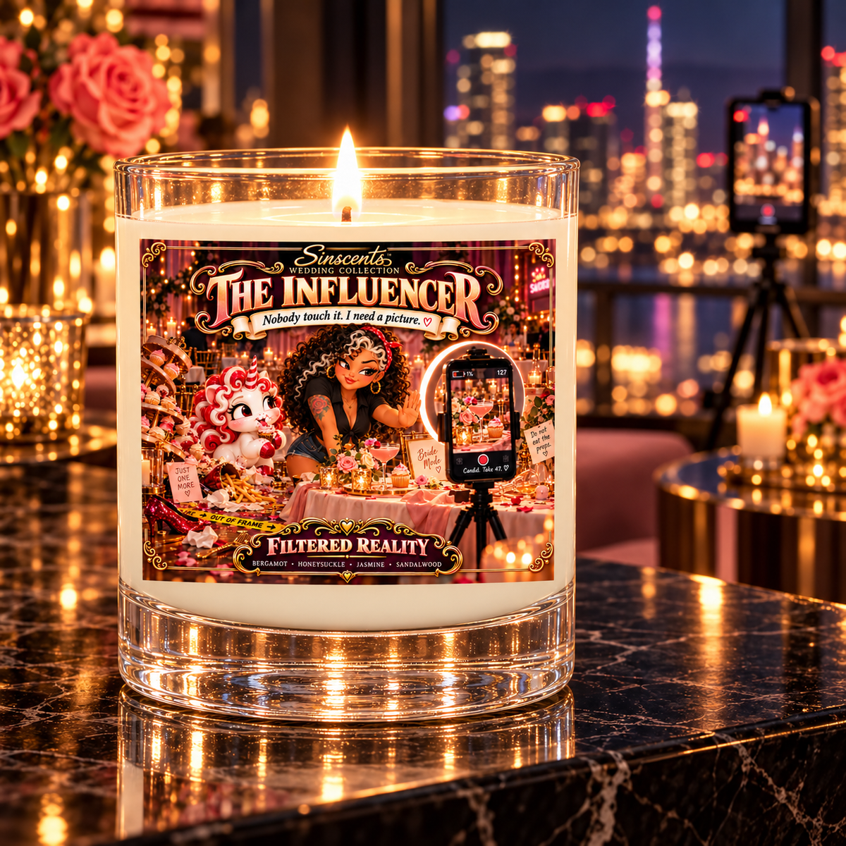 Lit Sinscents The Influencer candle in a city-view wedding suite