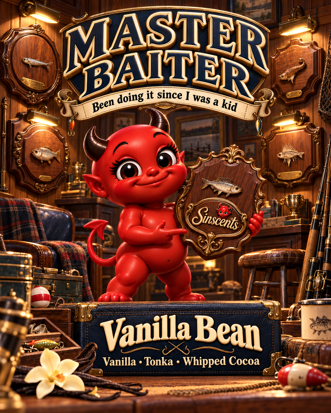 Master Baiter original flat candle label artwork by Sinscents