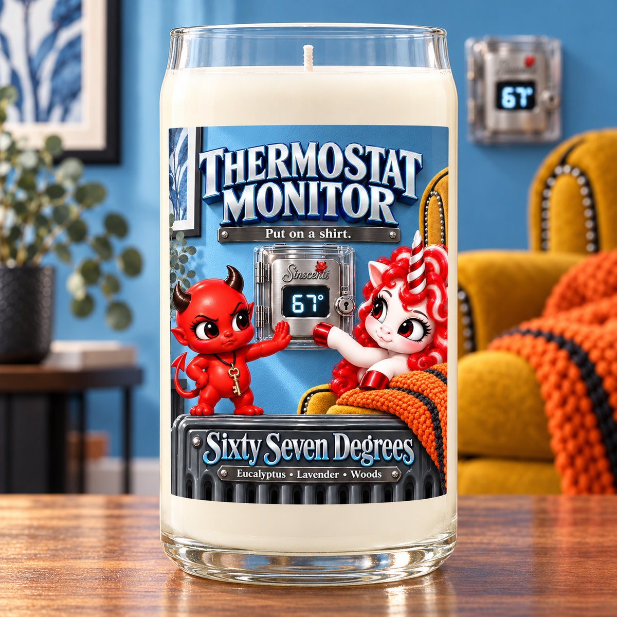 Thermostat Monitor candle with Sixty Seven Degrees label in a blue living room