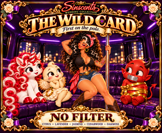 Sinscents The Wild Card wedding candle label featuring Lily, Blanca, Mercy and Jynx