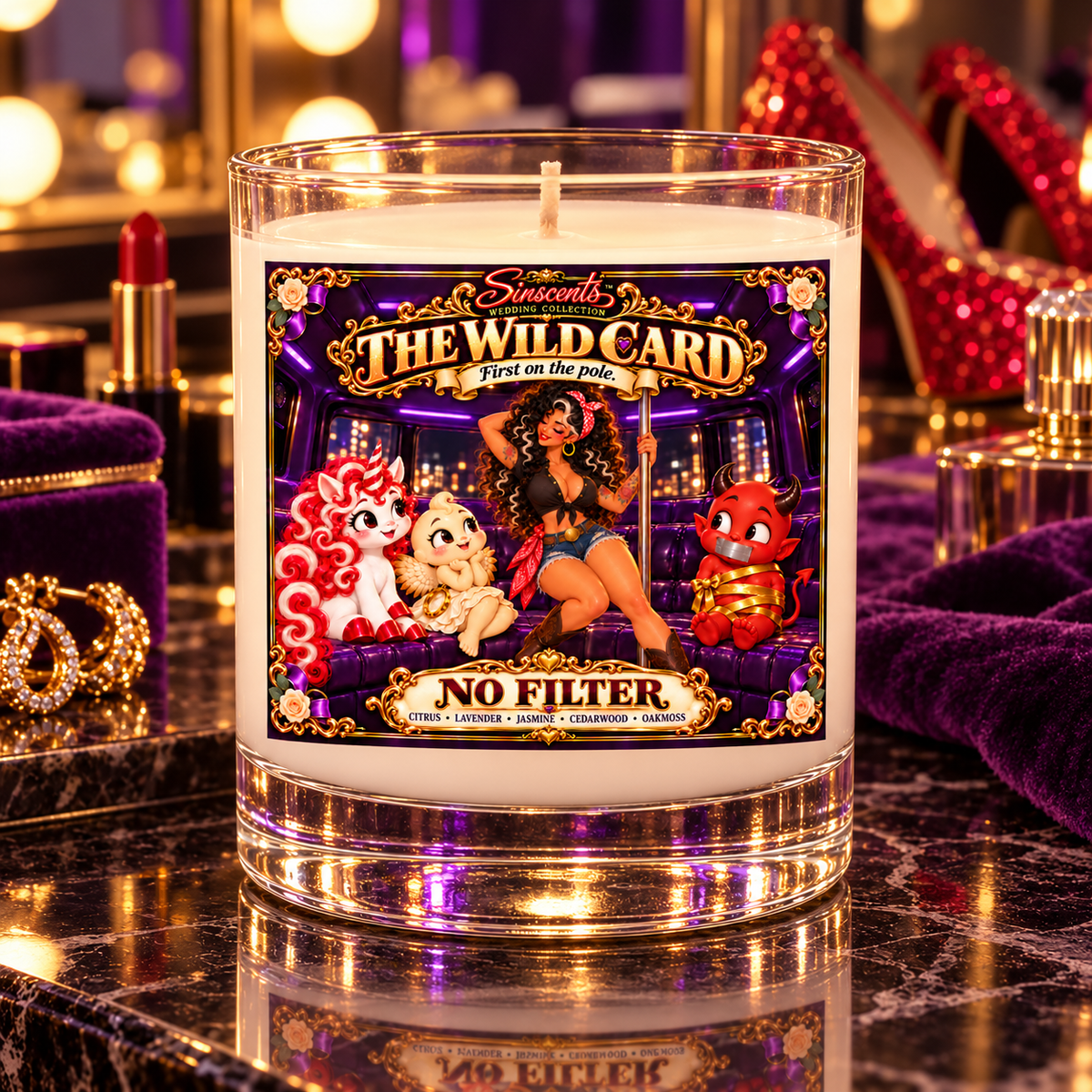 Sinscents The Wild Card candle on a glamorous bachelorette dressing-room vanity