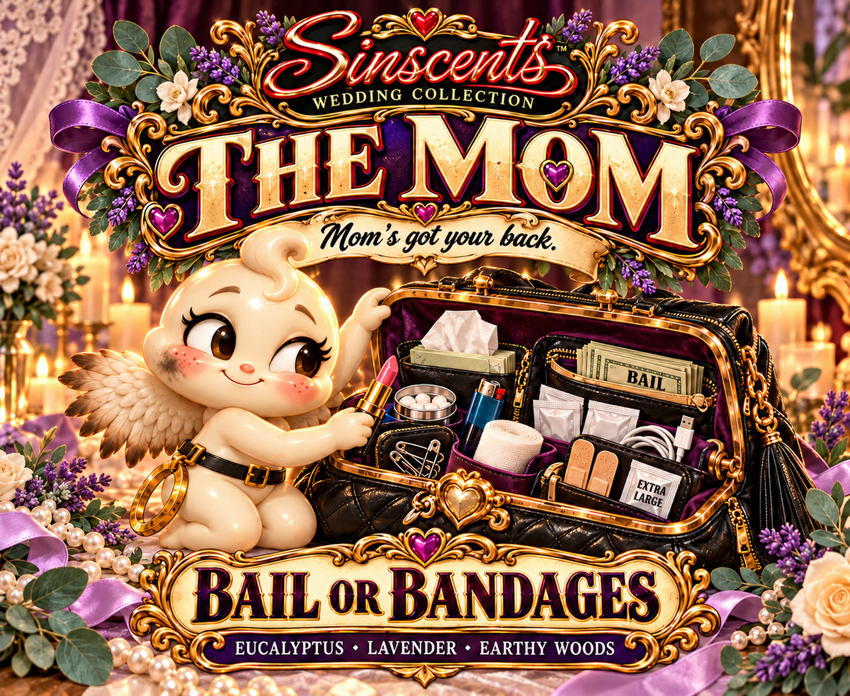 The Mom Sinscents wedding candle label, Mom’s got your back, Bail or Bandages