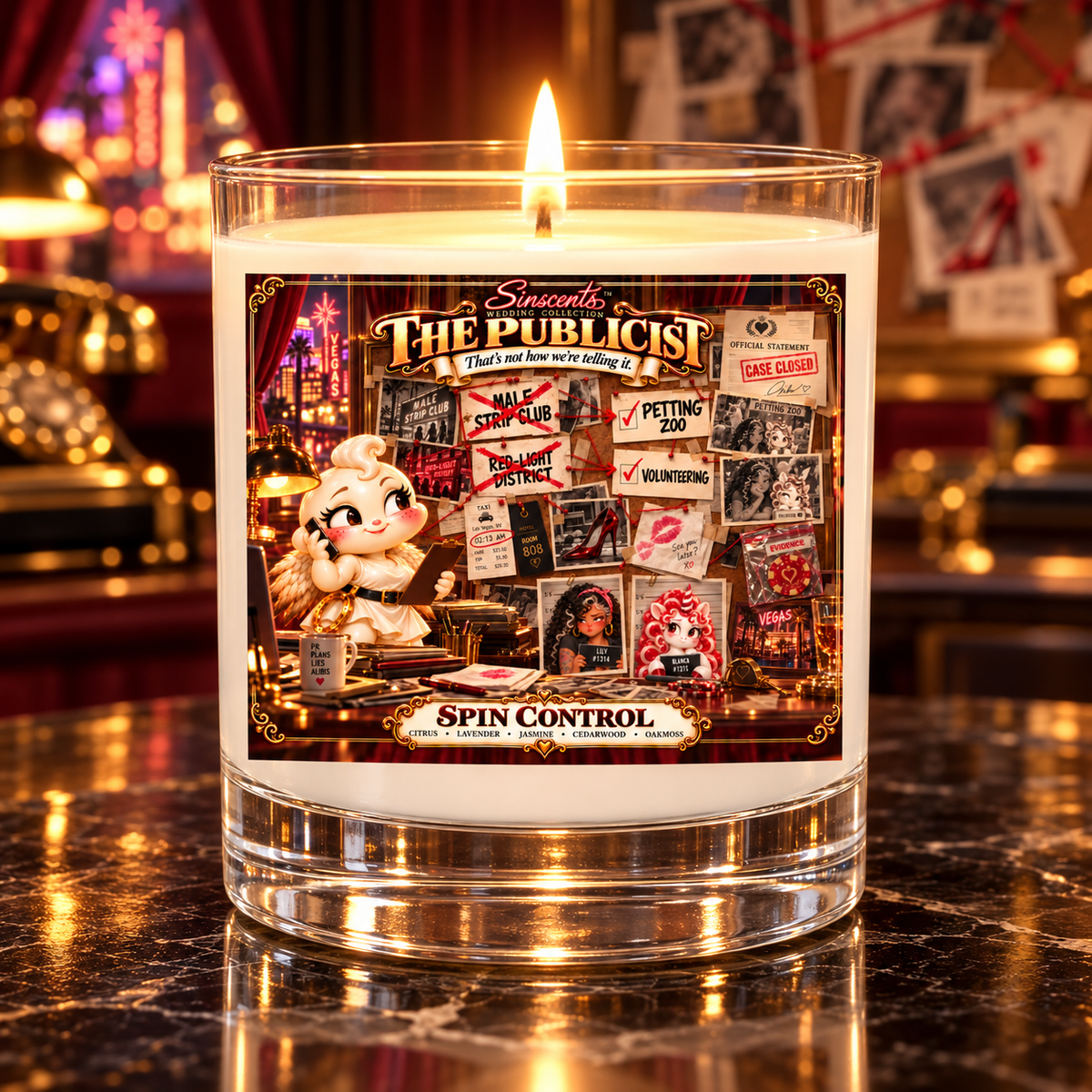 The Publicist Spin Control lit candle with an elaborate wedding cover-story evidence board background