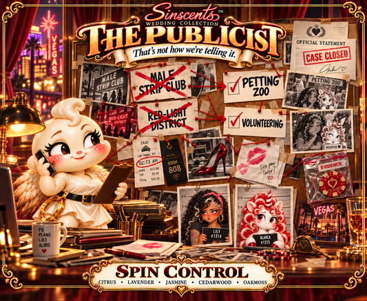 The Publicist Sinscents wedding candle label, Spin Control