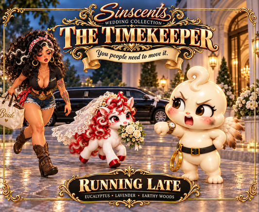 The Timekeeper Running Late original wedding collection candle label