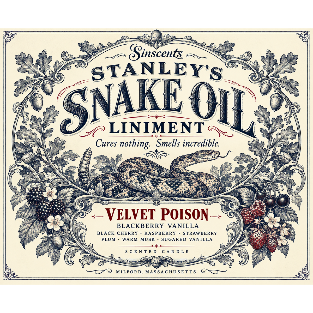 Velvet Poison label artwork for Clark Stanley snake oil candle Version 2 by Sinscents