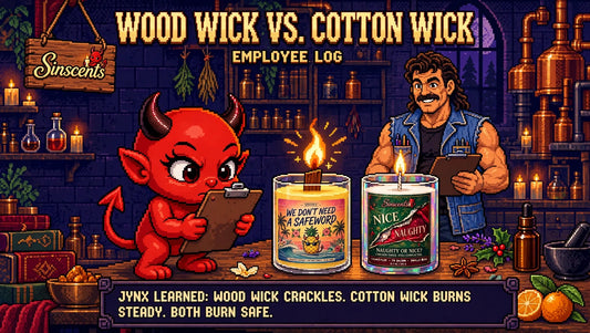 Jynx and Tommy compare wood wick and cotton wick candles in the Sinscents workshop.