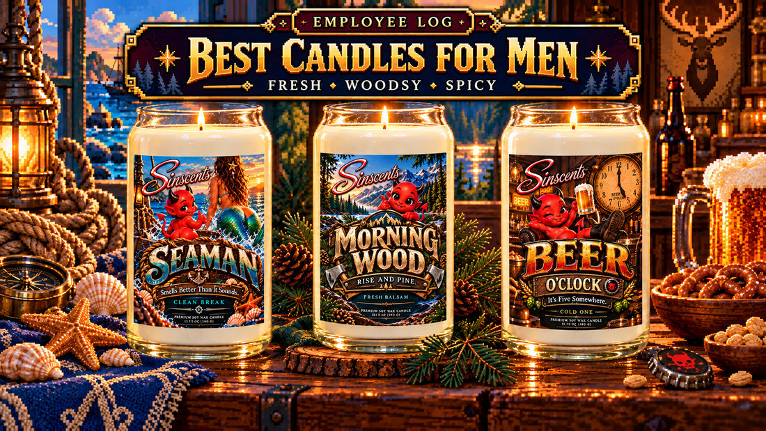 Best Candles for Men Employee Log hero featuring Seaman, Morning Wood and Beer O'Clock candles