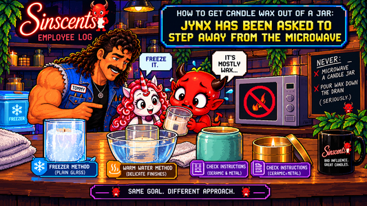 Tommy, Jynx and Blanca compare candle wax removal methods and step away from the microwave.