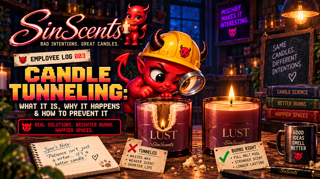 Jynx investigates candle tunneling and proper candle burn technique in SinScents Employee Log 003.