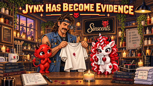 Tommy, Jynx and Blanca examine candle wax on a white shirt in the Sinscents workshop.