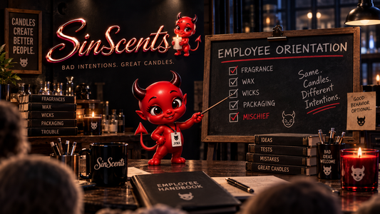 Jynx leading employee orientation inside the SinScents candle development lab