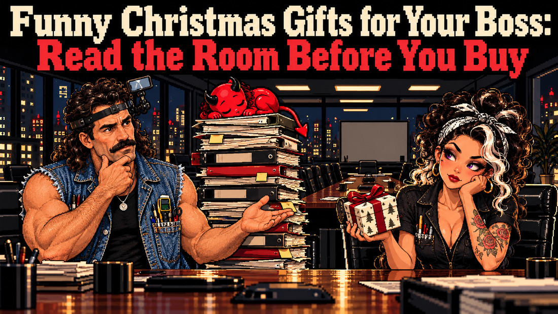 15-bit pixel art hero titled Funny Christmas Gifts for Your Boss: Read the Room Before You Buy, with Tommy, Lily and Jynx in an office.