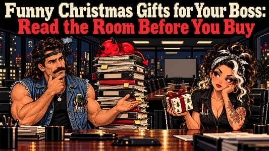 15-bit pixel art hero titled Funny Christmas Gifts for Your Boss: Read the Room Before You Buy, with Tommy, Lily and Jynx in an office.