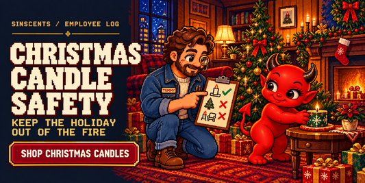 16-bit pixel-art Sinscents Employee Log hero: Jynx safely places a candle away from the Christmas tree while Tommy checks a candle-safety list. Headline: Christmas Candle Safety. Button: Shop Christmas Candles.