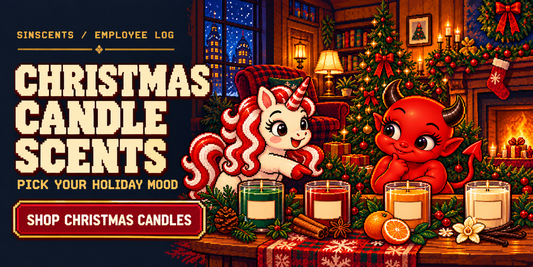 16-bit pixel-art Sinscents Employee Log hero: Jynx and Blanca compare Christmas candle scents beside a holiday tree.