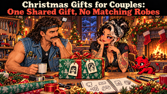 15-bit pixel art hero titled Christmas Gifts for Couples: One Shared Gift, No Matching Robes, with Tommy and Lily sharing gift ideas.