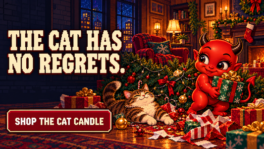 THE CAT HAS NO REGRETS. — 16-bit Jynx holiday gift illustration. SHOP THE CAT CANDLE.