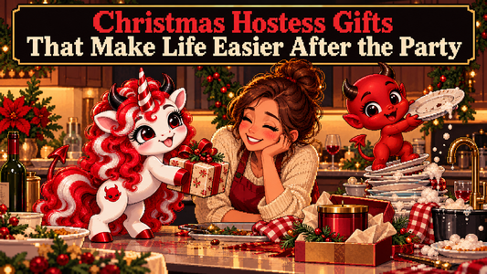 15-bit pixel art hero titled Christmas Hostess Gifts That Make Life Easier After the Party, with Blanca, Jynx and a holiday host.