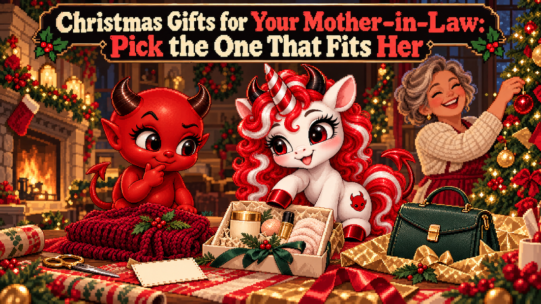 15-bit pixel art hero titled Christmas Gifts for Your Mother-in-Law: Pick the One That Fits Her, with Jynx, Blanca and a smiling holiday recipient.