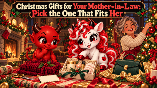 15-bit pixel art hero titled Christmas Gifts for Your Mother-in-Law: Pick the One That Fits Her, with Jynx, Blanca and a smiling holiday recipient.