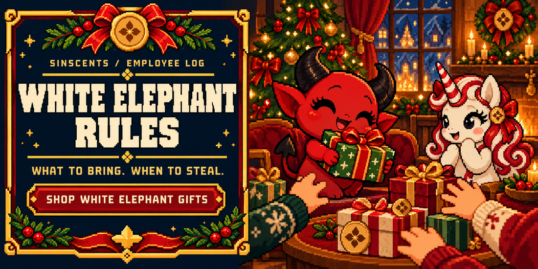 16-bit pixel-art Sinscents Employee Log hero: Jynx holds a wrapped White Elephant gift while Blanca watches the exchange.