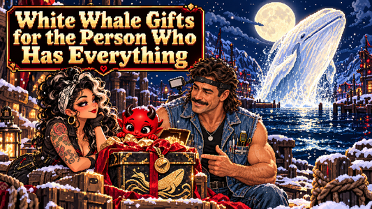 15-bit pixel art hero titled White Whale Gifts for the Person Who Has Everything, with Tommy and Lily at a snowy harbor, Jynx and a white whale.