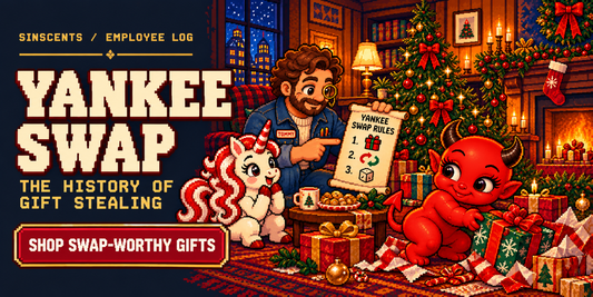16-bit pixel-art Sinscents Employee Log hero: Tommy explains Yankee Swap history as Jynx reaches for a wrapped gift and Blanca watches.