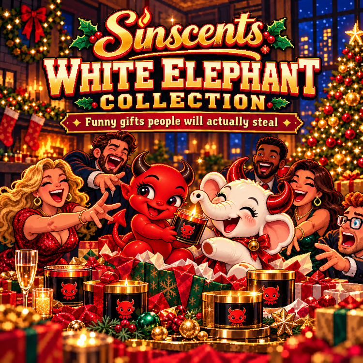 Sinscents White Elephant Collection with Jynx and a laughing white elephant with red horns