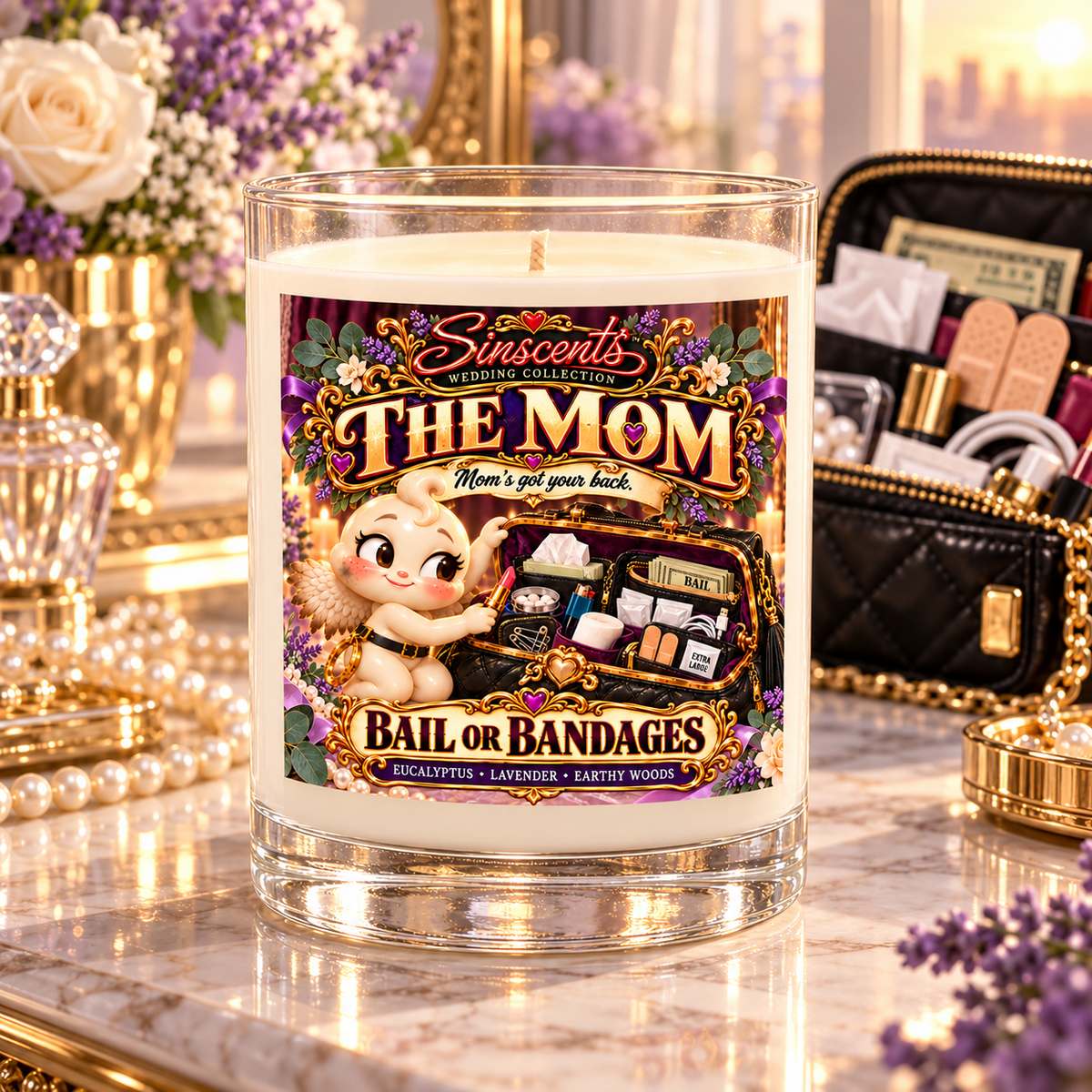 The Mom wedding candle on a bridal suite vanity with an emergency handbag