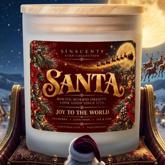 SinScents Santa Christmas Luxe 2026 frosted glass candle with vintage holiday design