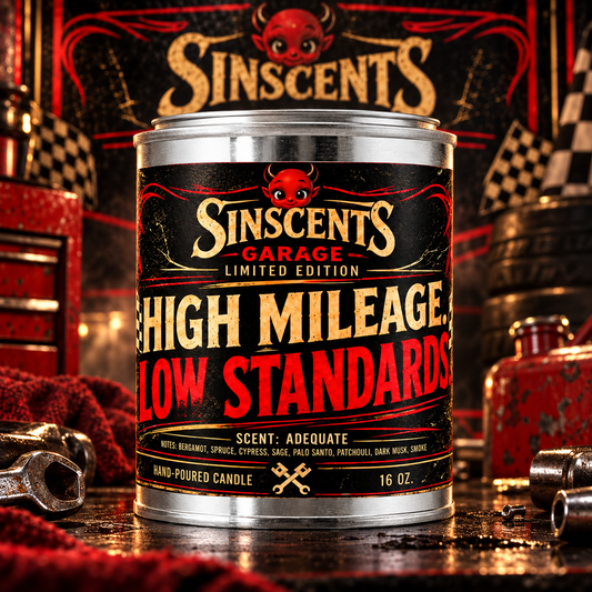 High Mileage Low Standards Sinscents Garage 16 oz wood wick candle for car guys