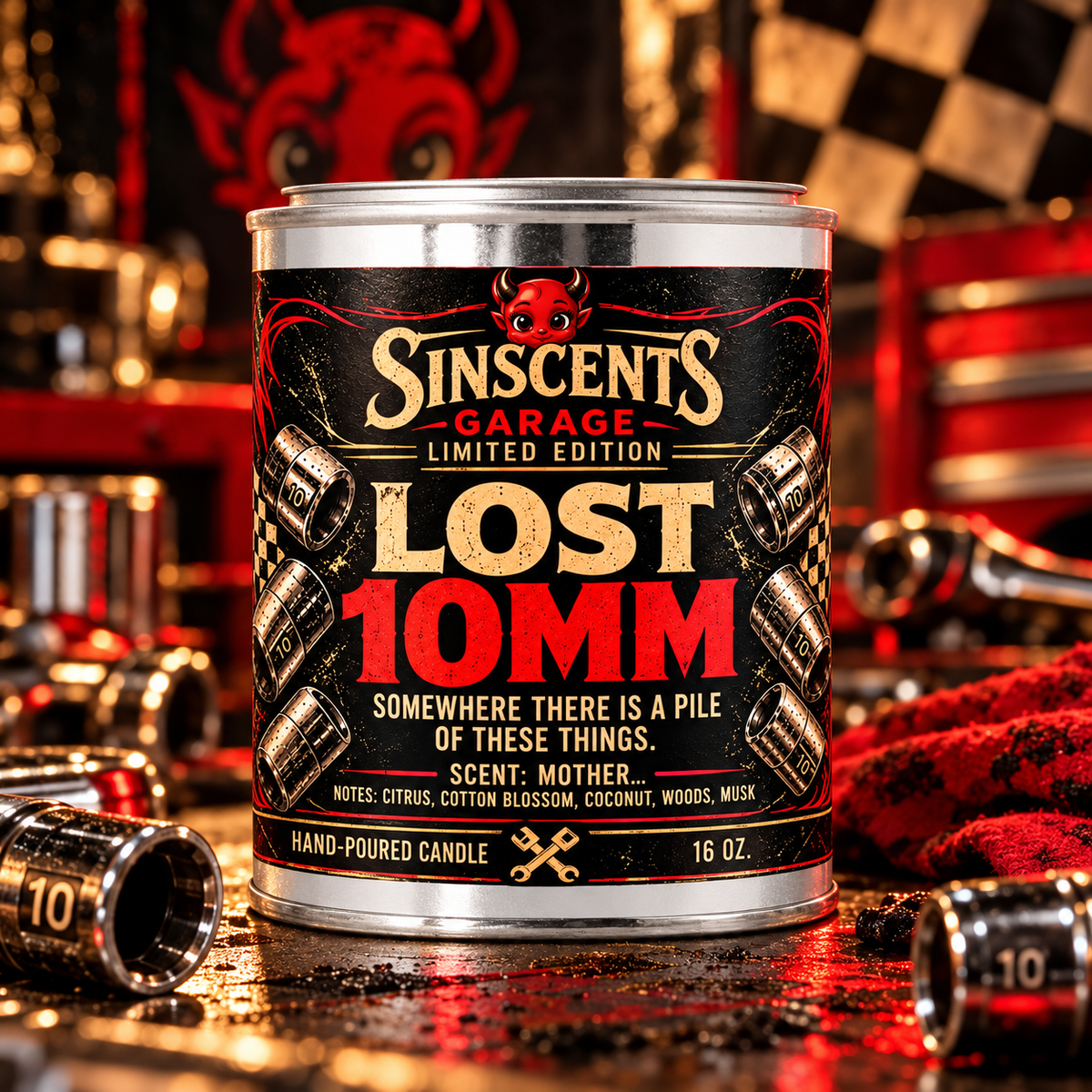 Lost 10MM Sinscents Garage 16 oz wood wick candle for mechanics