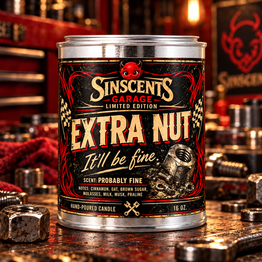 Extra Nut Sinscents Garage 16 oz wood wick candle for car guys