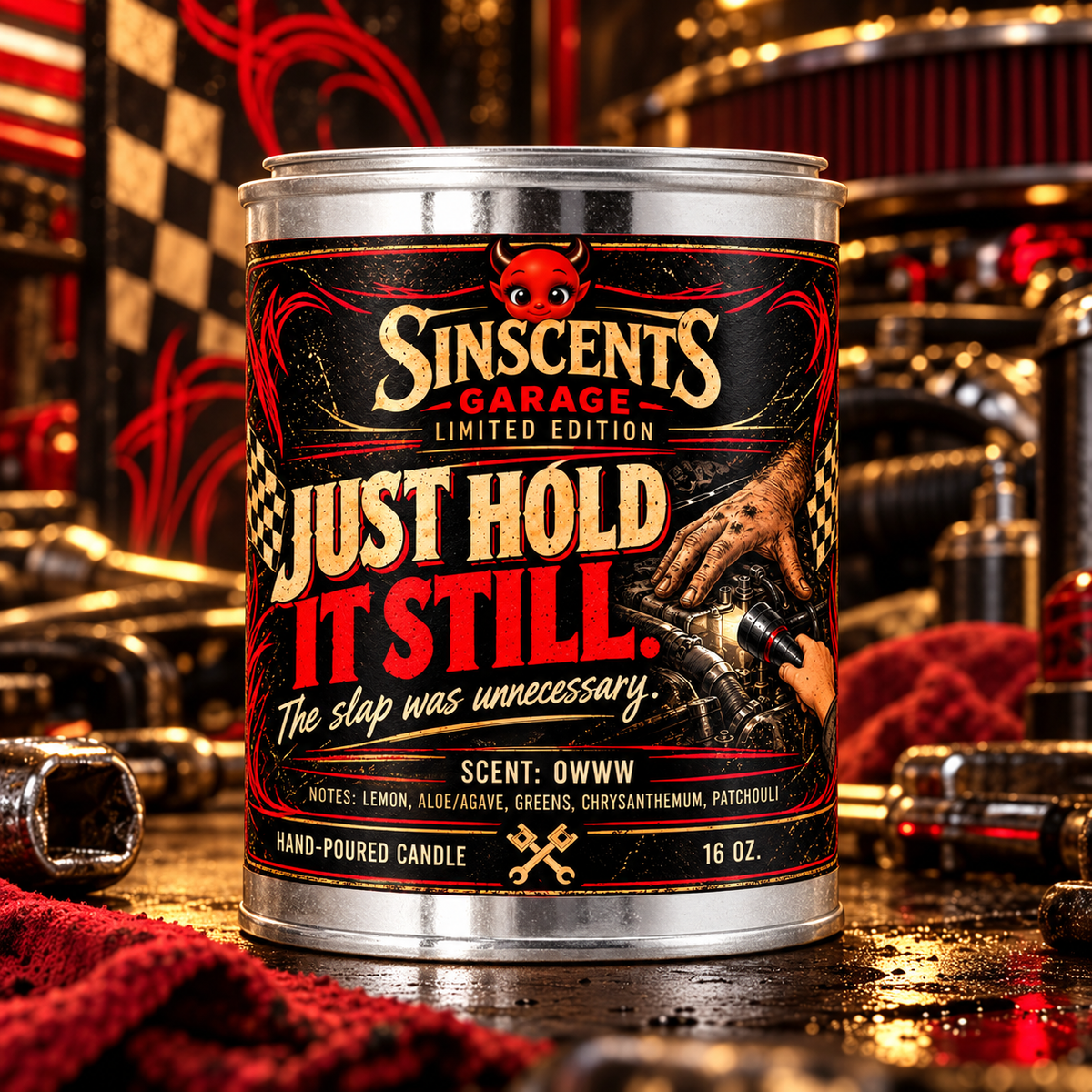 Just Hold It Still Sinscents Garage 16 oz wood wick candle for car guys